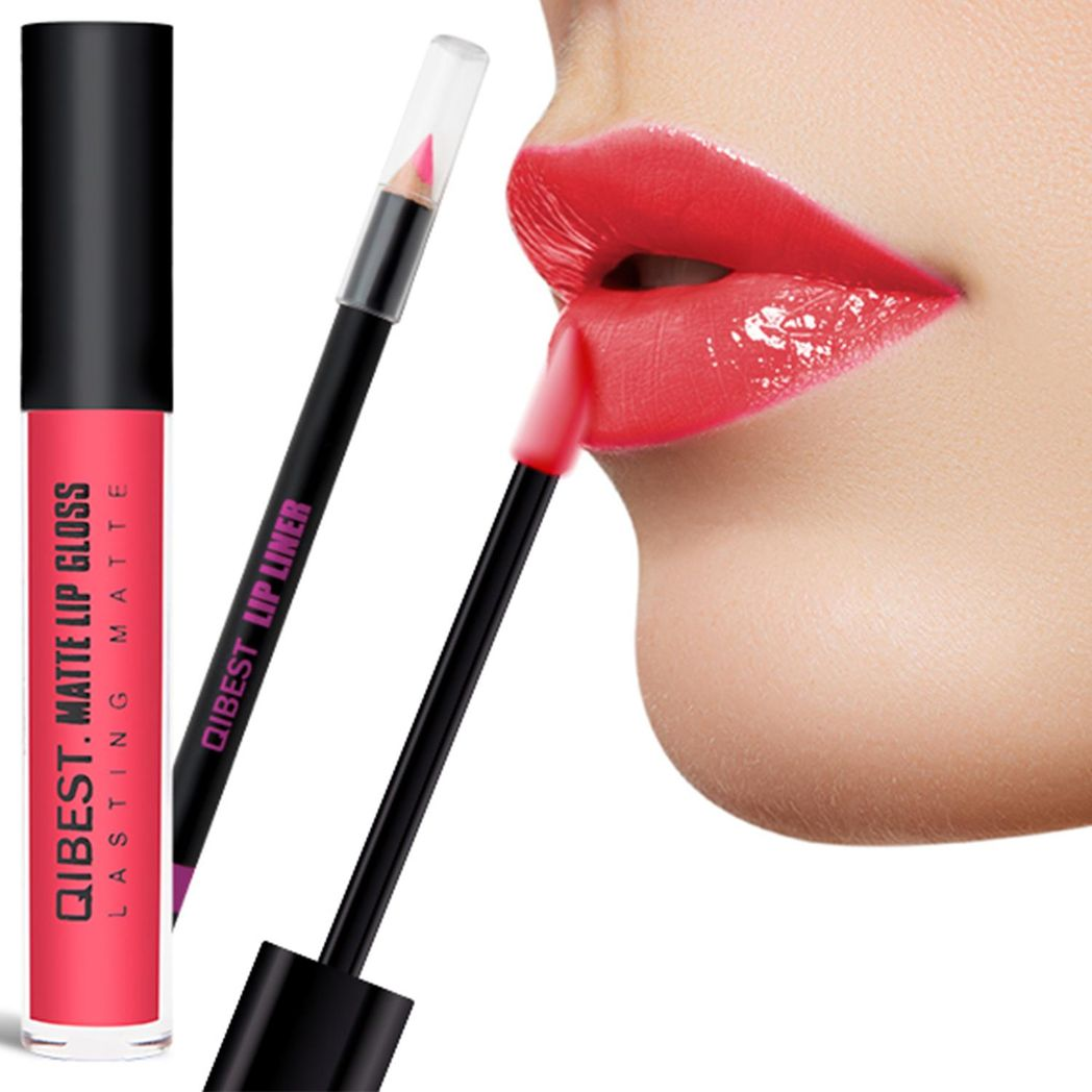 Liquid Lip Gloss and Lip Pencil Liner Kit, Bright Pink